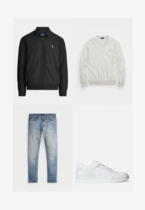 Schwarze Jacke mit Reißverschluss, Kragen, Seitentaschen, elastischem Bund und kleinem weißen Polo Ralph Lauren-Logo auf der linken Brust.; Hellgrauer Langarm-V-Ausschnitt-Pullover mit kleinem Polo Ralph Lauren Logo auf der linken Brust bestickt.; Helle blaue Denim-Jeans mit einem ausgewaschenen Finish, Fünf-Taschen-Design und kontrastierenden Nähten. Mit Reißverschluss und Gürtelschlaufen. Gerade geschnitten.; Weißer Ledersneaker mit glatter Textur, ausgestattet mit einer perforierten Zehenpartie, Schnürverschluss und gesticktem Logo an der Seite. Weiße Gummisohle.