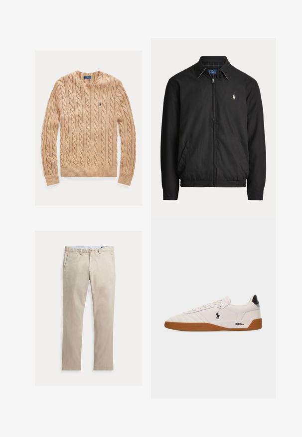 Čierna bunda na zips s golierom, bočnými vreckami, elastickým lemom a malým bielym logom Polo Ralph Lauren na ľavej strane hrude.; Béžový sveter s okrúhlym výstrihom, dlhými rukávmi a malým modrým logom Polo Ralph Lauren na ľavej strane hrude.; Béžové rovné bavlnené nohavice s prednými vreckami, pútkami na opasok, zapínaním na gombík a zipsom, zobrazené položené na bielom pozadí.; Biela nízka teniska s hnedou gumovou podrážkou, čiernym logom Polo Ralph Lauren na boku a textom „RL" na päte.