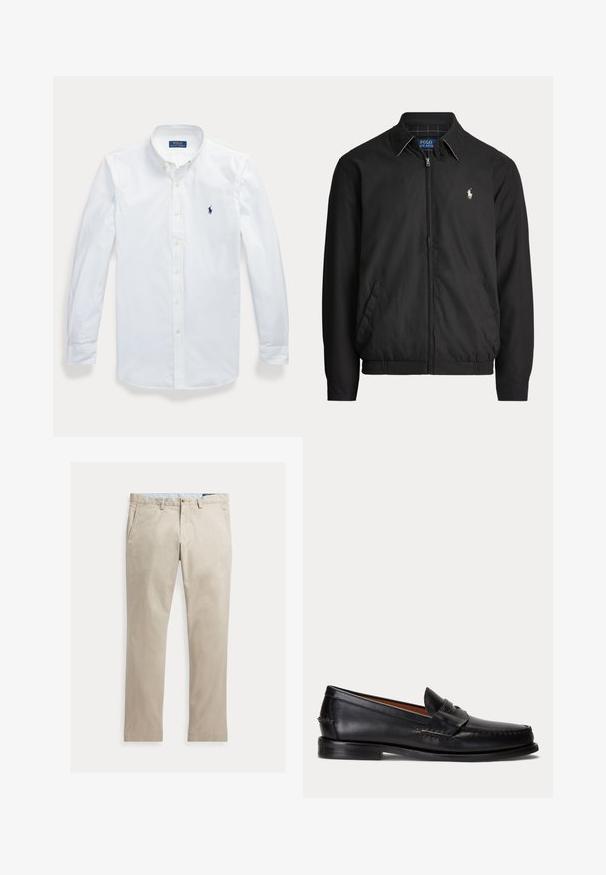 Schwarze Jacke mit Reißverschluss, Kragen, Seitentaschen, elastischem Bund und kleinem weißen Polo Ralph Lauren-Logo auf der linken Brust.; Weißes, langärmeliges Hemd mit Knopfleiste und Kragen, Polo Ralph Lauren-Logo auf der linken Brust gestickt.; Beige Baumwollhose mit geradem Bein, Fronttaschen, Gürtelschlaufen, Knopfverschluss und Reißverschluss, flach auf weißem Hintergrund dargestellt.; Schwarzer Lederloafer mit niedrigem Absatz und Pennyriemendetail, von der Seite auf hellgrauem Hintergrund gezeigt.