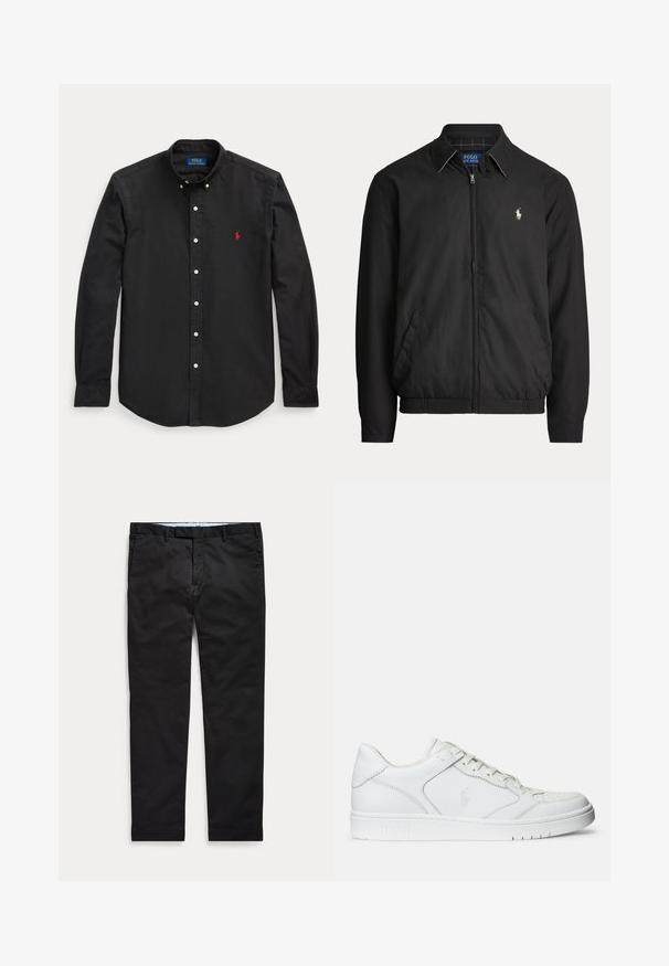 Schwarze Jacke mit Reißverschluss, Kragen, Seitentaschen, elastischem Bund und kleinem weißen Polo Ralph Lauren-Logo auf der linken Brust.; Schwarzes langärmliges Hemd mit Knöpfen, mit rotem, besticktem Logo auf der linken Brustseite und einem Button-Down-Kragen.; Schwarze Slim-Fit-Herrenhose mit Gürtelschlaufen und Vordertaschen, flach auf hellem Hintergrund ausgelegt.; Weißer Ledersneaker mit glatter Textur, ausgestattet mit einer perforierten Zehenpartie, Schnürverschluss und gesticktem Logo an der Seite. Weiße Gummisohle.