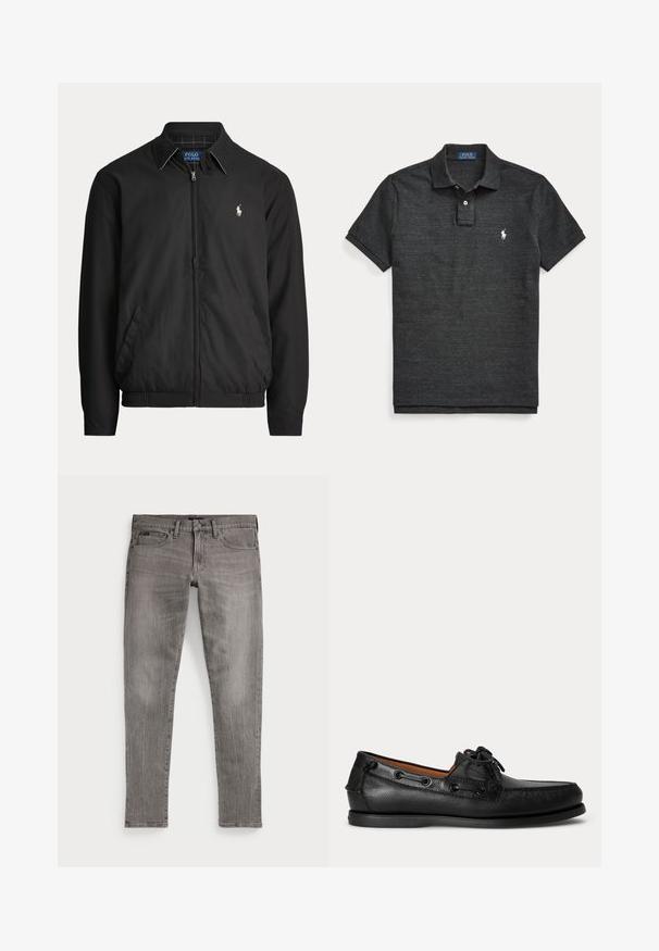 Sort lynlåstrøje med krave, sidelommer, elastisk kant og lille hvid Polo Ralph Lauren-logo på venstre bryst.; Mørkegrå polo med korte ærmer, to-knaps åbning og hvid broderet hestelogo på venstre bryst.; Grå denim jeans, slim fit, med lige ben. Har klassisk femlomme-design, stikninger og en let falmet tekstur.; Sort lædermoccasin med snøredetalje og lav gummisål, vist fra siden på ensartet lys baggrund.