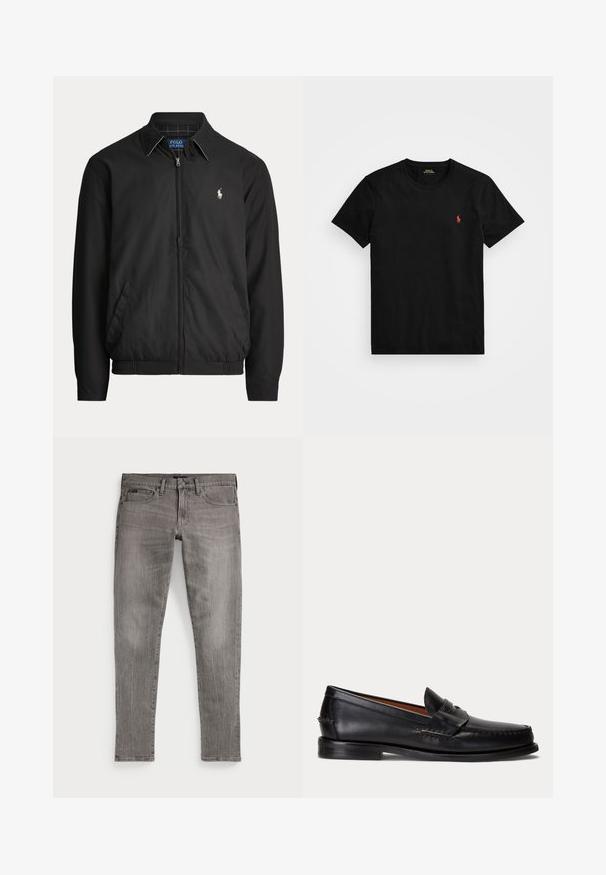 Schwarze Jacke mit Reißverschluss, Kragen, Seitentaschen, elastischem Bund und kleinem weißen Polo Ralph Lauren-Logo auf der linken Brust.; Schwarzes Baumwoll-T-Shirt mit Rundhalsausschnitt, kurzen Ärmeln und einem kleinen roten gestickten Logo auf der linken Brust. Glatte Textur, klassischer Schnitt.; Graue Denim-Jeans, Slim-Fit, mit geraden Beinen. Verfügt über das klassische Fünf-Taschen-Design, Nähdetails und eine leicht verblichene Textur.; Schwarzer Lederloafer mit niedrigem Absatz und Pennyriemendetail, von der Seite auf hellgrauem Hintergrund gezeigt.