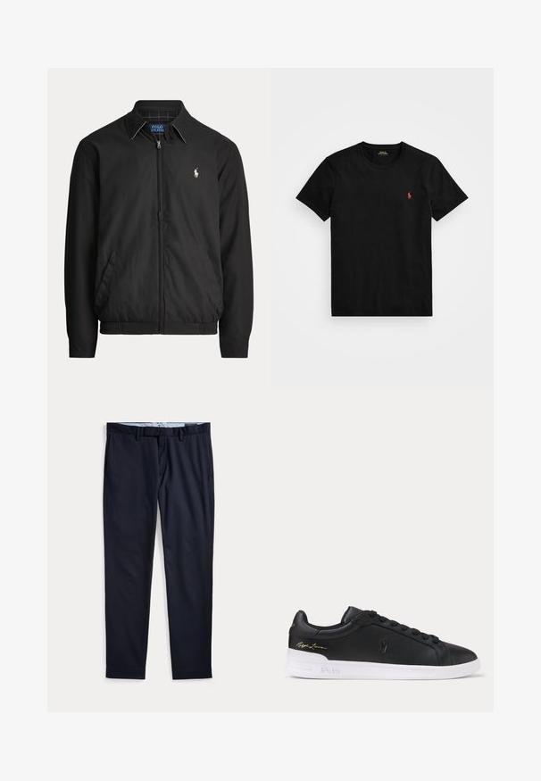 Zwarte jas met rits, kraag, zijzakken, elastische zoom en klein wit Polo Ralph Lauren-logo op de linkerborst.; Zwarte katoenen t-shirt met een ronde hals, korte mouwen en een klein rood geborduurd logo op de linker borst. Glad textuur, klassieke pasvorm.; Donkerblauwe herenkleedbroek met ceintuurlussen, ritssluiting en zijzakken, plat gelegd op een witte achtergrond.; Zwarte lage leren sneaker met zwarte veters, witte zool met Polo-opdruk en gouden Ralph Lauren-handtekening op de hiel.