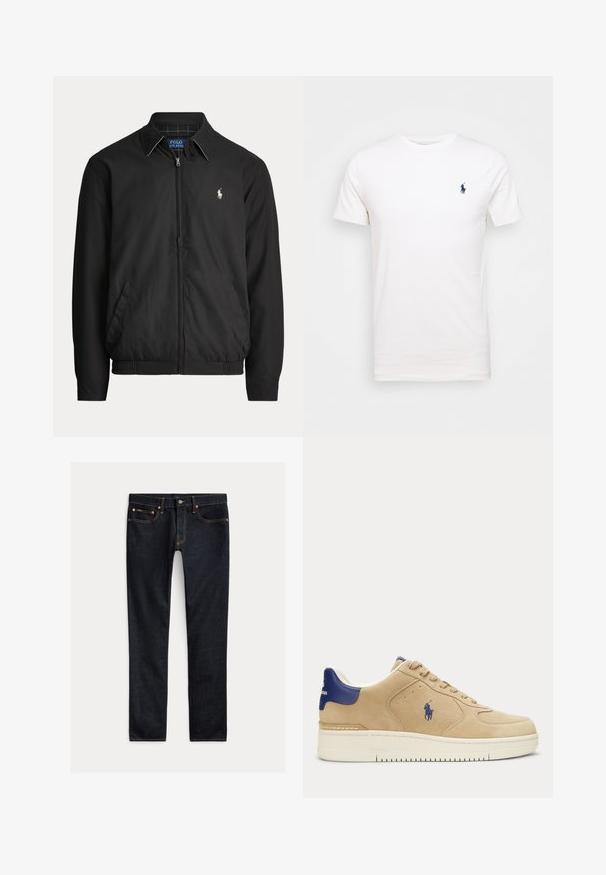 Čierna bunda na zips s golierom, bočnými vreckami, elastickým lemom a malým bielym logom Polo Ralph Lauren na ľavej strane hrude.; Biela bavlnená tričko s okrúhlym výstrihom. Na ľavej strane hrude je malé tmavomodré logo. Krátke rukávy, hladká textúra.; Tmavomodré slim-fit džínsy s piatimi vreckami, zapínaním na gombíky a kontrastným prešívaním, položené na svetlom pozadí.; Béžová semišová teniska s tmavomodrou pätkou a logom, bielou podrážkou, šnurovací dizajn a výšivka hráča póla na boku.