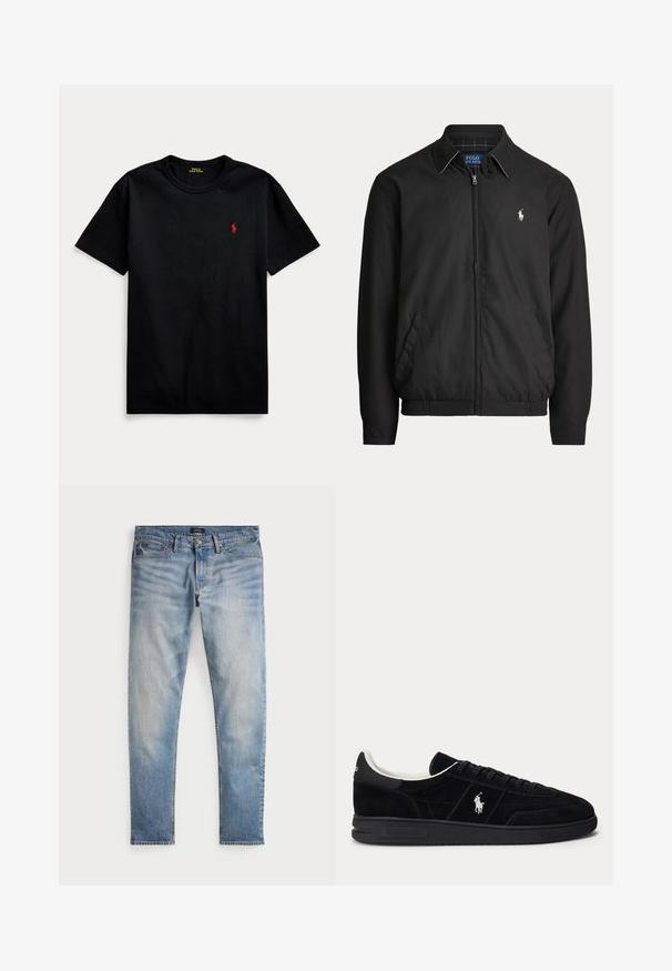 Čierna bunda na zips s golierom, bočnými vreckami, elastickým lemom a malým bielym logom Polo Ralph Lauren na ľavej strane hrude.; Čierne bavlnené tričko s krátkymi rukávmi, okrúhlym výstrihom a malým červeným vyšívaným logom na ľavej hrudi. Hladká textúra, ležérny dizajn.; Svetlomodré denimové nohavice s bledým povrchom, dizajnom na päť vreciek a kontrastným prešívaním. Obsahujú zips a pútka na opasok. Rovný strih.; Čierna nízka teniska s čiernymi šnúrkami, bielym vnútorným lemom a bielym logom Polo Ralph Lauren na boku a päte.