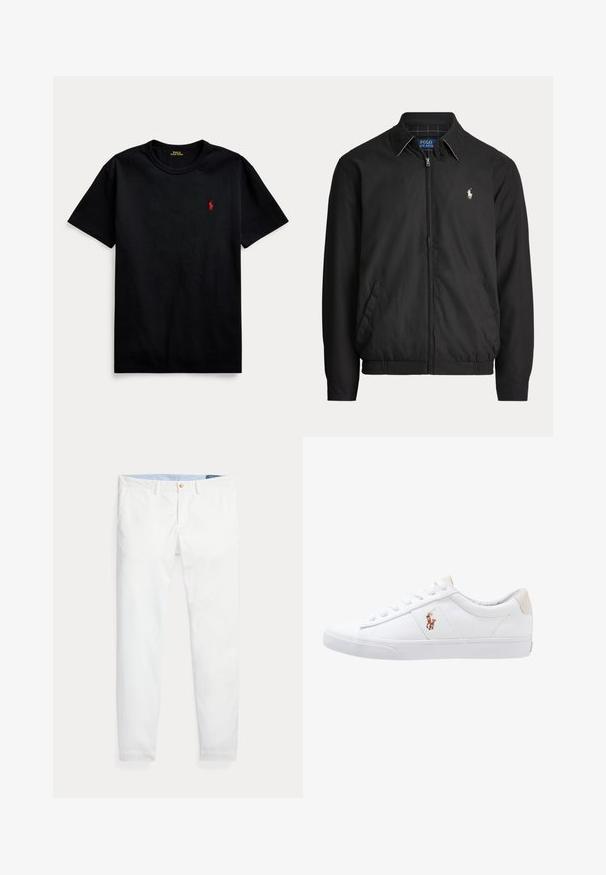 Čierna bunda na zips s golierom, bočnými vreckami, elastickým lemom a malým bielym logom Polo Ralph Lauren na ľavej strane hrude.; Čierne bavlnené tričko s krátkymi rukávmi, okrúhlym výstrihom a malým červeným vyšívaným logom na ľavej hrudi. Hladká textúra, ležérny dizajn.; Biele bavlnené chino nohavice s úzkym strihom, so zlatým jedným gombíkom na zapínanie a svetlomodrým vnútorným pásom. Hladká textúra bez vzorov.; Biele plátenné tenisky s nízkym strihom, ktoré majú béžový opasok na päte a malé vyšívané logo na boku. Gumová podrážka.