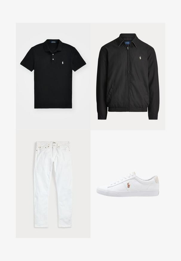 Čierna bunda na zips s golierom, bočnými vreckami, elastickým lemom a malým bielym logom Polo Ralph Lauren na ľavej strane hrude.; Čierna polokošeľa vyrobená z bavlny, s klasickým golierom, zapínaním na tri gombíky, krátkymi rukávmi a bielym logom na ľavej strane hrude.; Biele slim fit džínsy s piatimi vreckami, zapínaním na gombíky a opaskovými pútkami, položené na rovnej svetlej jednofarebnej podložke.; Biele plátenné tenisky s nízkym strihom, ktoré majú béžový opasok na päte a malé vyšívané logo na boku. Gumová podrážka.
