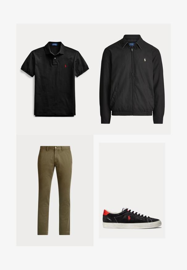 Čierna bunda na zips s golierom, bočnými vreckami, elastickým lemom a malým bielym logom Polo Ralph Lauren na ľavej strane hrude.; Čierne polo tričko s krátkym rukávom, golierom, dvojgombíkovou légou a malým červeným vyšívaným logom na ľavej strane hrudníka.; Polo Ralph Lauren BEDFORD STRETCH SLIM FIT CHINO PANT - Nohavice chinos - canopy olive; Čierne semišové tenisky s bielymi šnúrkami, červenými akcentmi na päte a malým červeným logom. Obsahujú plochú gumovú podrážku a jednoduché prešívanie.