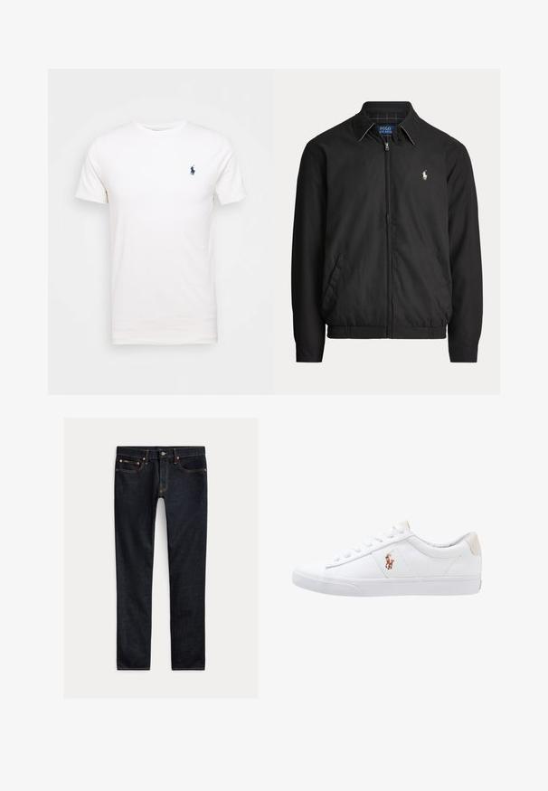 Mustast lukuga jakk kraega, küljetaskudega, elastse äärega ja väikese valge Polo Ralph Laureni logoga vasakul rinnal.; Valge puuvillane T-särk ümmarguse kaelusega. Vasakul rinnal on väike tume sinine logo. Lühikesed varrukad, sile tekstuur.; Tumedassinised kitsad teksad viie tasku, nööp-kinnituse ja kontrastõmblustega, tasapinnal heledal taustal.; Valge kanvasest tennis, madala lõikega disain, millel on beež kontsapink ja väike tikitud logo küljel. Kummi välissole.