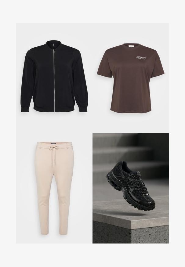 Schwarze Bomberjacke aus glattem Stoff, mit einem Frontreißverschluss und gerippten Bündchen, klassischem Rundhalsausschnitt und Seitentaschen.; Braunes Kurzarm-T-Shirt mit dem Text "ESPRESSO YOURSELF" in Weiß auf der oberen linken Seite. Einfaches, lässiges Design.; Beige, leichte Jogginghose mit einer Kordelzugbundweite und zwei seitlichen Taschen. Glatte Textur, schmal zulaufende Beine und minimale Nahtdetails.; Schwarzer Nike Laufschuh mit Mesh- und Synthetik-Obermaterial, der über einer Betonfläche und Treppen im Hintergrund schwebt.