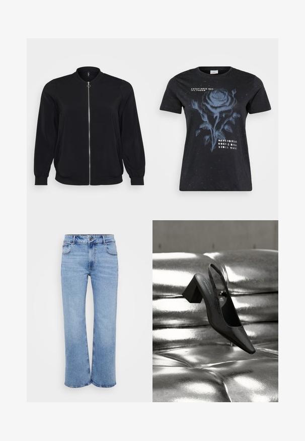 Must mustritud must ülerõngas, mis on valmistatud siledast kangast, esiküljel tõmblukk, ribanaelad ja klassikaline ümar kaelus ning küljetaskud.; ONLY Carmakoma CARMIKO WASHED SS REG TEE JRS - Trükipildiga T-särk - black; Heledad helesin tekstil, mis on valmistatud denimist, viie taskuga, esiauksega ja nööbiga kinnituseks. Õmblustes on peened õmblusdetailid.; Mustad sling-tagant rihmikoonik terava varbaosaga, millel on tekstuurse pinnaga ja jäme plokkkonts. Asetatud läikiva, metallilise tausta kohale.