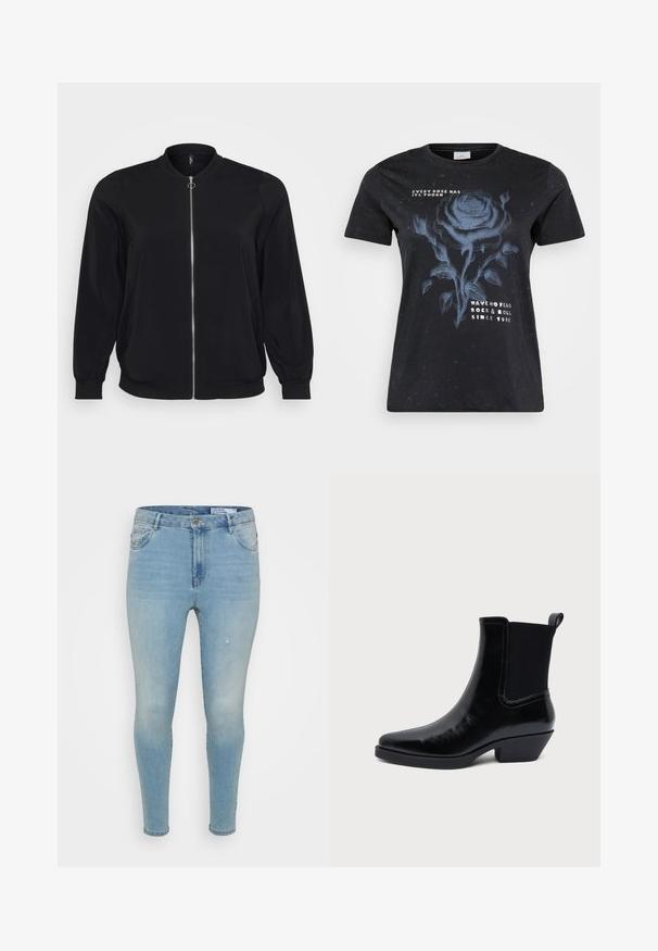 Schwarze Bomberjacke aus glattem Stoff, mit einem Frontreißverschluss und gerippten Bündchen, klassischem Rundhalsausschnitt und Seitentaschen.; ONLY Carmakoma CARMIKO WASHED SS REG TEE JRS - T-Shirt print - black; Hellblaue Denim-Jeans mit einer Slim-Fit-Passform, mittelhoher Taille, klassischem Fünf-Taschen-Design und subtilen abgenutzten Details an der Vorderseite.; Schwarzer Lederknöchelstiefel mit spitzer Zehenpartie, niedrigem Blockabsatz, elastischem geripptem Seitenpanel und hinterer Zuglasche vor weißem Hintergrund.