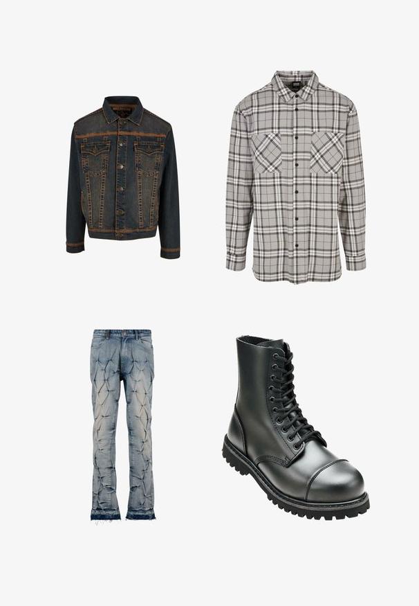 Veste en denim bleu foncé avec des coutures orange, présentant une fermeture à boutons et deux poches poitrine avec des rabats anglés et des coutures décoratives.; Chemise à manches longues grise à carreaux, en tissu avec une fermeture à boutons, dotée de deux poches poitrine et d'un col classique.; Jean en denim bleu clair avec une texture matelassée et un motif étoilé, ourlets effilochés, et design à cinq poches avec quincaillerie en métal.; Botte de combat en cuir noir avec une tige haute, bout rond, laçage sur le devant et semelle en caoutchouc robuste avec un profil de crantage profond pour une meilleure adhérence.