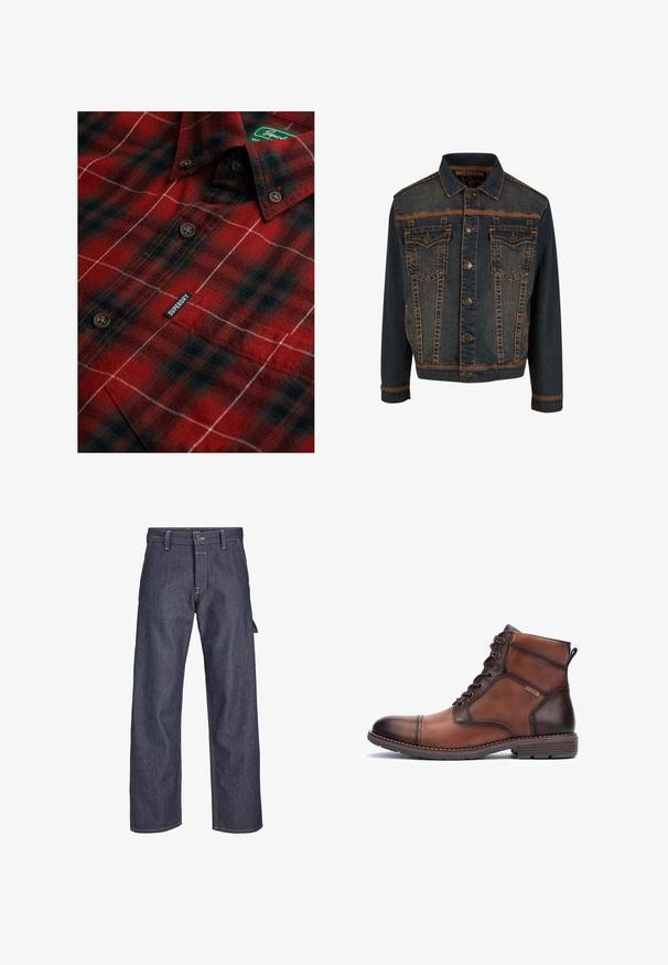 Veste en denim bleu foncé avec des coutures orange, présentant une fermeture à boutons et deux poches poitrine avec des rabats anglés et des coutures décoratives.; Chemise à carreaux rouge et noire avec boutons marron et une étiquette "Superdry" près de la poche poitrine et du col.; Pantalon en denim bleu foncé, avec une coupe droite, une fermeture à bouton sur le devant, des coutures contrastantes et un détail de poche latérale.; Bottines pour hommes en cuir marron et tissu avec lacets, détails de couture, talon bas et logo de la marque sur le côté.