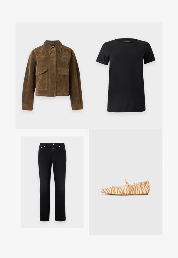 Veste en daim marron avec fermeture boutonnée à l'avant, deux poches à rabat avec boutons, manches longues et col pointu.; T-shirt noir à manches courtes en tissu de coton doux, doté d'un col rond et d'un design simple et classique sans ornements.; Jean noir à jambe droite avec cinq poches, fermeture à bouton et passants pour ceinture, présenté sur un fond blanc.; Ballerine plate à bout pointu couleur crème avec un motif de rayures tigre orange, dotée d'une bride latérale avec une boucle décorative, tige en tissu doux et semelle plate.