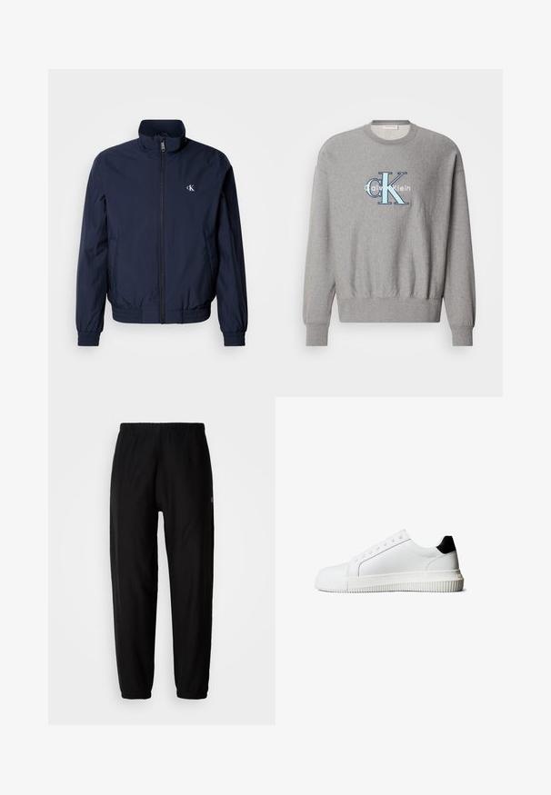 Mørkeblå vindjakke med opretstående krave, elastiske manchetter og linning; har en lille hvid logo på venstre bryst.; Grå sweatshirt med rund halsudskæring, ribbede ærmer og kant, med et blåt og hvidt "Calvin Klein" logo i centrum. Klassisk pasform.; Sorte træningsbukser med elastisk talje, tapered ben og manchetter. Glat stoftekstur. Logo detalje på siden.; Hvide lædersneakers med sort hælkappe, flade snørebånd, rundet tå og en ribbet gummisål for godt greb.