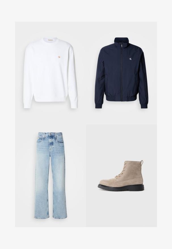 Mørkeblå vindjakke med opretstående krave, elastiske manchetter og linning; har en lille hvid logo på venstre bryst.; Hvid sweatshirt med lange ærmer, rund hals og ribbede manchetter. Har et lille logo i rød og beige på venstre brystområde. Glat tekstur.; Lysblå vide jeans med høj talje, der har en falmet finish, bæltestropper og klassisk fem-lomme design. Kantene er rå.; Beige ruskindsankelstøvler med sort gummisål, snørelukning og et lille logo præget på siden, med en løftestrop bagpå.