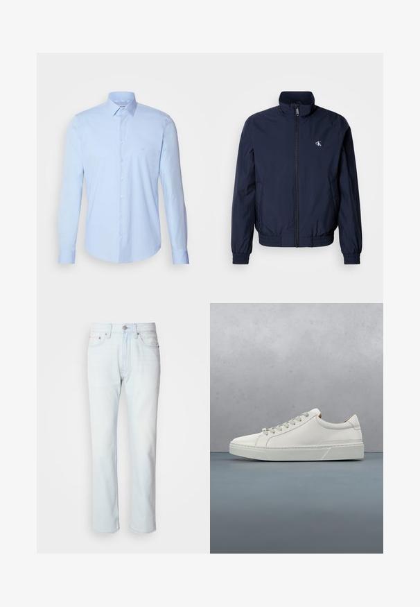 Chaqueta cortaviento azul marino con cuello alto, puños elásticos y cintura elástica; cuenta con un pequeño logo blanco en el pecho izquierdo.; Camisa de botones azul claro hecha de algodón, con un cuello clásico, mangas largas y un pequeño logotipo en el pecho. Textura suave.; Jeans de mezclilla azul claro con corte recto. Cuentan con un cierre de botón y pasadores para cinturón, mostrando una textura desgastada y costuras mínimas.; Zapatilla blanca de cuero con punta redondeada, diseño minimalista, cordones grises y suela de goma texturizada gris. Detalles de costura sutiles visibles.