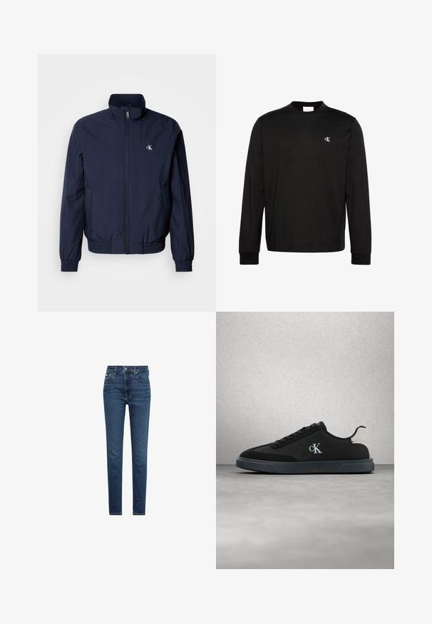 Mørkeblå vindjakke med opretstående krave, elastiske manchetter og linning; har en lille hvid logo på venstre bryst.; Sort langærmet crewneck-shirt med lille hvidt "cK" logo på venstre bryst og ribstrikkede manchetter.; Mørkeblå slim fit jeans med forrest knap- og lynlåsmed lukning, fem lommer og synlige syninger på hvid baggrund.; Sort lavtop Calvin Klein-sneaker med hvid "cK"-logo på siden og lys grå hælflig, vist svævende over reflekterende gråt gulv.