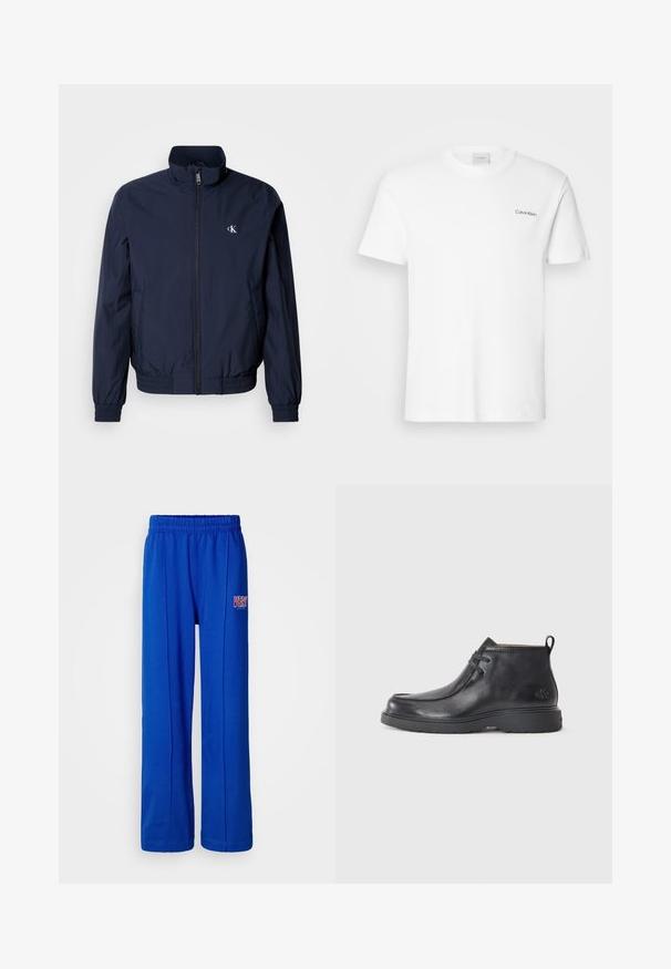 Mørkeblå vindjakke med opretstående krave, elastiske manchetter og linning; har en lille hvid logo på venstre bryst.; Hvid bomulds T-shirt med korte ærmer og rund halsudskæring. Har et lille sort "Calvin Klein" logo på venstre bryst.; Lyseblå elastiske sweatpants med lige ben og et lille rødt og hvidt "VERY" logo på højre lår.; Sorte læder ankelstøvler med rund tå, snørelukning og en løkke bagpå. Tekstureret overdel og gummisål.