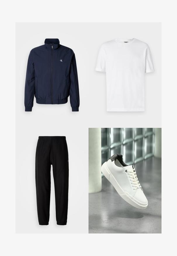 Mørkeblå vindjakke med opretstående krave, elastiske manchetter og linning; har en lille hvid logo på venstre bryst.; Hvid bomulds T-shirt med rund hals, korte ærmer og oprevet manchetter; enkel design, blød tekstur og lige snit.; Sorte træningsbukser med elastisk talje, tapered ben og manchetter. Glat stoftekstur. Logo detalje på siden.; Hvid lav tå-sneaker med sort struktureret hælfane, hvide snørebånd og tyk sål på en poleret betongulv nær glasblokke.