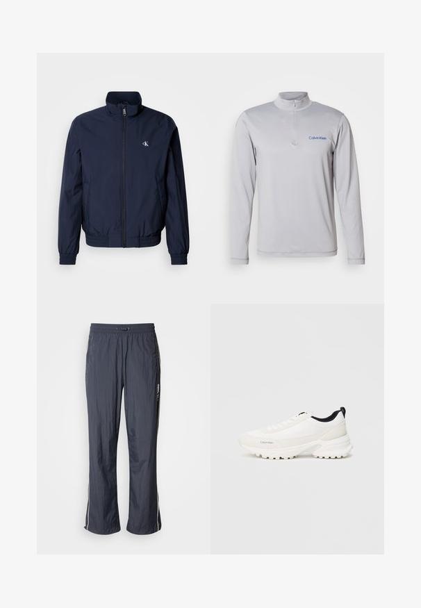 Merekassinine tuulekindel jakk püsti töödeldud kraega, elastsete mansettide ja vööauguga; vasakul rinnal väike valge logo.; Pikkade varrukatega heledahalli värvi tõmblukuga pullover, millel on tekstuuriga kangas. Rinnal on sinine Calvin Kleini logo. Lihtne, sportlik disain.; Tumed sinine kerged treeningpüksid, millel on elastne vöökoht, küljetaskud ja valged aktsendijooned külgedel. Siledat tekstuuri.; Valged spordijalatsid siledast pealmisest materjalist ja polsterdatud kraega, millel on selgelt eristuv tekstureeritud tallad haardeks ning peen brändimine külgedel.
