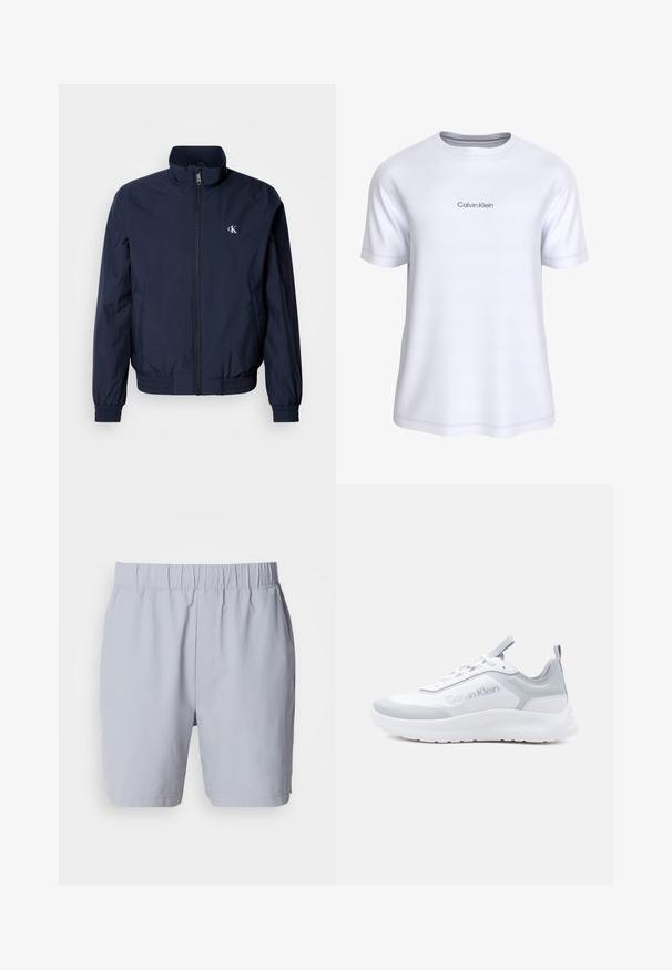 Donkerblauwe windjack met opstaande kraag, elastische manchetten en tailleband; voorzien van een klein, wit logo op de linkerborst.; Wit t-shirt met korte mouwen en ronde hals met het "Calvin Klein" logo in kleine lichtgrijze letters op de borst gedrukt.; Lichtgrijze zwembroek met een elastische tailleband, twee zijzakken en een gladde, lichte stof. Geen zichtbare patronen of versieringen.; Witte en grijze Calvin Klein sneaker met veters aan de voorkant, een gevoerde zool en lussen op de tong en hiel.