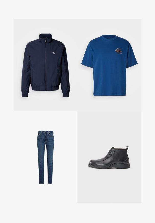 Donkerblauwe windjack met opstaande kraag, elastische manchetten en tailleband; voorzien van een klein, wit logo op de linkerborst.; Blauwe katoenen t-shirt met een ronde hals, korte mouwen en een oranje Calvin Klein-logo op de linker borst. Eenvoudige en klassieke snit.; Donkerblauwe slim fit spijkerbroek met knoop- en ritssluiting aan de voorkant, vijf zakken en zichtbare stiksels op een witte achtergrond.; Zwarte leren enkellaarsjes met een ronde neus, vetersluiting en een lipje aan de achterkant. Geribbelde bovenkant en rubberen zool.