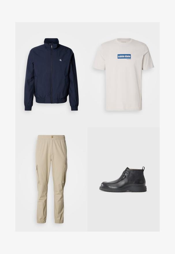 Mørkeblå vindjakke med opretstående krave, elastiske manchetter og linning; har en lille hvid logo på venstre bryst.; Hvid bomulds T-shirt med et blåt rektangulært logo med "calvin klein" og "new york city" i hvid tekst på forsiden. Klassisk pasform.; Lysebrune cargo bukser med elastisk talje, knaplukning, side lommer og elastiske manchetter ved anklerne, lavet af letvægtsstof.; Sorte læder ankelstøvler med rund tå, snørelukning og en løkke bagpå. Tekstureret overdel og gummisål.
