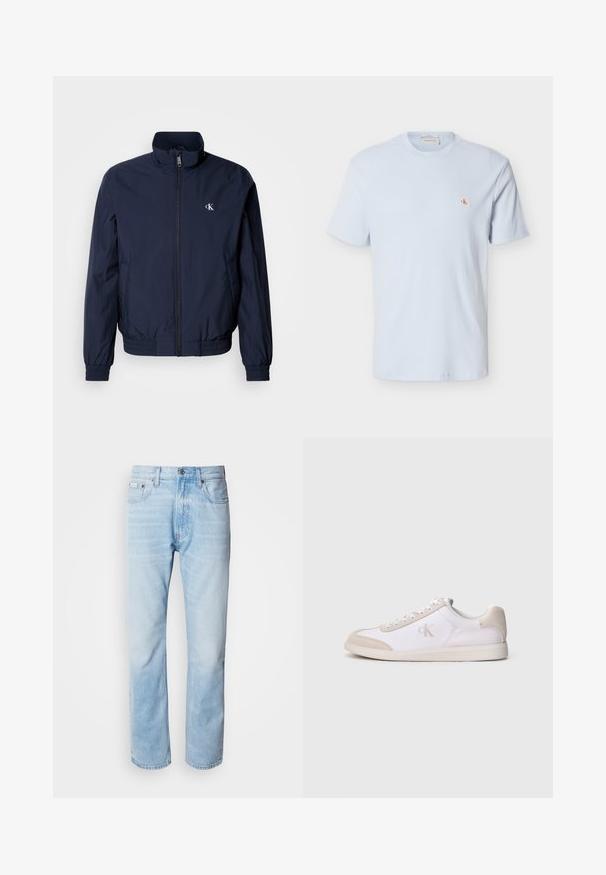 Mørkeblå vindjakke med opretstående krave, elastiske manchetter og linning; har en lille hvid logo på venstre bryst.; Lyseblå kortærmet waffle-strikket t-shirt med rund hals og lille rød "CK" logo på venstre bryst.; Lyseblå denimjeans med lige ben, har slidte sektioner, fem lomme-design og en klassisk knapåbning.; Hvid og beige lavsko med snørelukning foran, ruskindsdetaljer og "cK" logo på siden, vist i profil mod en ensfarvet baggrund.