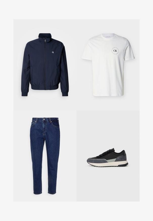 Mørkeblå vindjakke med opretstående krave, elastiske manchetter og linning; har en lille hvid logo på venstre bryst.; Hvid kortærmet Calvin Klein t-shirt med lille sort cirkulært CK-logo på venstre bryst og teksten "Established in 1968".; Mørkeblå straight-leg cowboybukser med forreste knap- og lynlås-lukning, bæltestropper samt for- og baglommer.; Sko med snørebånd i en blanding af sort stof, grå ruskindsdetaljer og en kraftig hvid mellemsål med sort gummisåler.