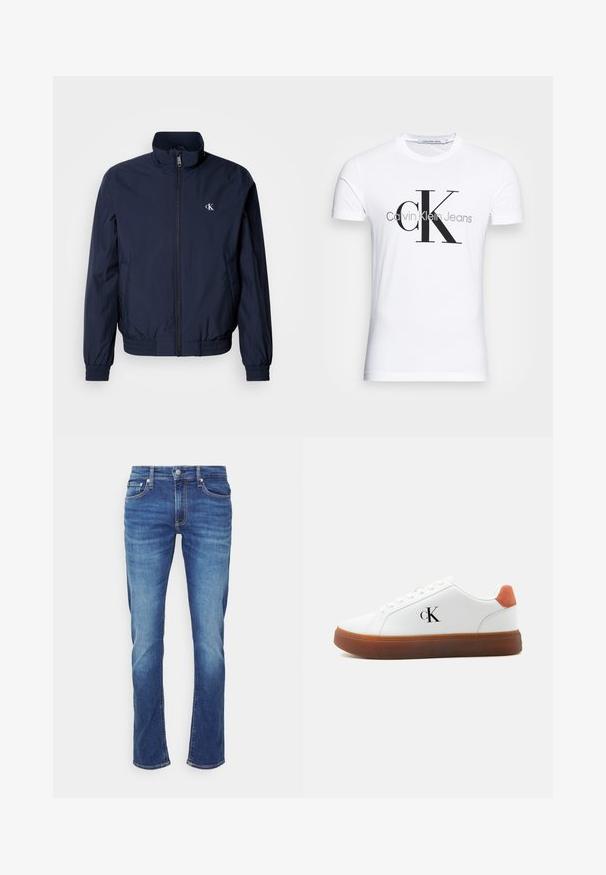 Mørkeblå vindjakke med opretstående krave, elastiske manchetter og linning; har en lille hvid logo på venstre bryst.; Hvid t-shirt med korte ærmer med stort sort "cK" og gråt "Calvin Klein Jeans" tekstlogo på fronten.; Blå denim jeans med falmede effekter, frontknap og lynlås, og femlomme-stil mod en ensartet hvid baggrund.; Hvid lavt snøresneaker med brun sål, orange hælstrop, snørebånd og "cK" logo på siden.