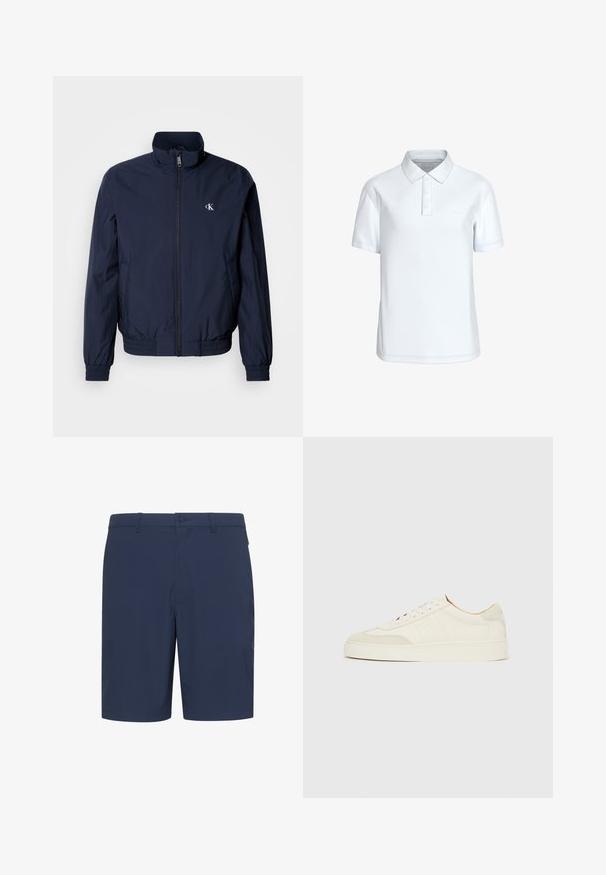 Donkerblauwe windjack met opstaande kraag, elastische manchetten en tailleband; voorzien van een klein, wit logo op de linkerborst.; Witte polo met korte mouwen, drie knopen en een puntige kraag, voorzien van een subtiel Calvin Klein-logo op de linkerborst.; Donkerblauwe korte broek van lichtgewicht stof, met een platte voorkant, riemlussen en een knoopsluiting, geschikt voor casual gebruik.; Witte suède sneakers met een gladde afwerking, ronde neus, plat veterontwerp en contrasterende gestructureerde accenten. Voorzien van een subtiel logodetail.