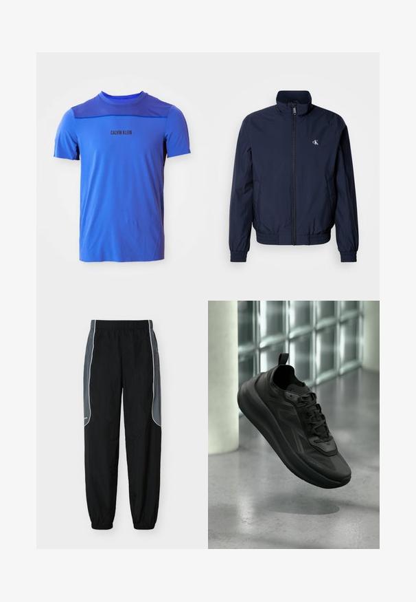 Chaqueta cortaviento azul marino con cuello alto, puños elásticos y cintura elástica; cuenta con un pequeño logo blanco en el pecho izquierdo.; Camiseta atlética azul con cuello redondo, tejido de malla en los hombros y el logo 'CALVIN KLEIN' impreso en negro. Textura suave.; Pantalones de chándal negros con paneles laterales gris oscuro y ribete blanco, cintura y puños elásticos, exhibidos sobre un fondo blanco.; Zapatilla negra Calvin Klein con cordones, levantada sobre un suelo de hormigón pulido, con una pared de bloques de vidrio y un pilar desenfocados al fondo.