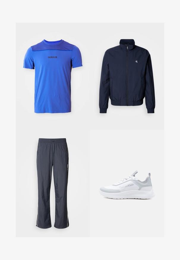 Chaqueta cortaviento azul marino con cuello alto, puños elásticos y cintura elástica; cuenta con un pequeño logo blanco en el pecho izquierdo.; Camiseta atlética azul con cuello redondo, tejido de malla en los hombros y el logo 'CALVIN KLEIN' impreso en negro. Textura suave.; Pantalones de chándal ligeros en azul marino con cintura elástica, bolsillos laterales y franjas blancas en los costados. Textura suave.; Zapatilla Calvin Klein blanca y gris con cordones delanteros, suela acolchada y tiradores en la lengüeta y el talón.
