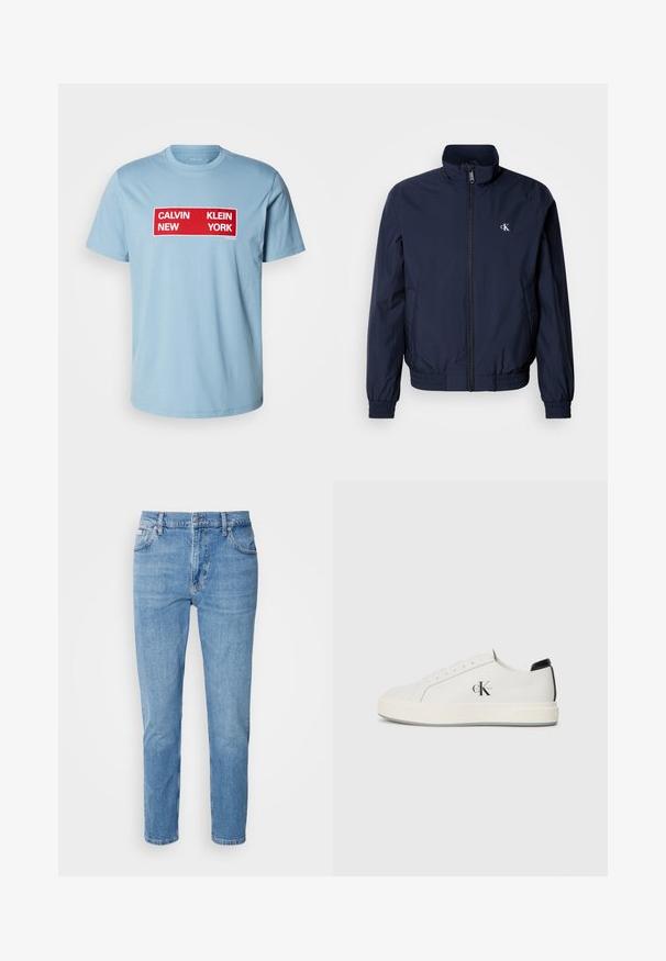 Mørkeblå vindjakke med opretstående krave, elastiske manchetter og linning; har en lille hvid logo på venstre bryst.; Calvin Klein Jeans BOX GRAPHIC TEE - T-shirts print - smoke blue; Lys blå denim jeans med lige snit, fem-lomme design og subtilt slid. Har knaplukning og bæltestropper.; Hvide lædersneakers med rund tå, flad gummisål og sort hælaccent. Har et fremtrædende sort Calvin Klein-logo på siden.