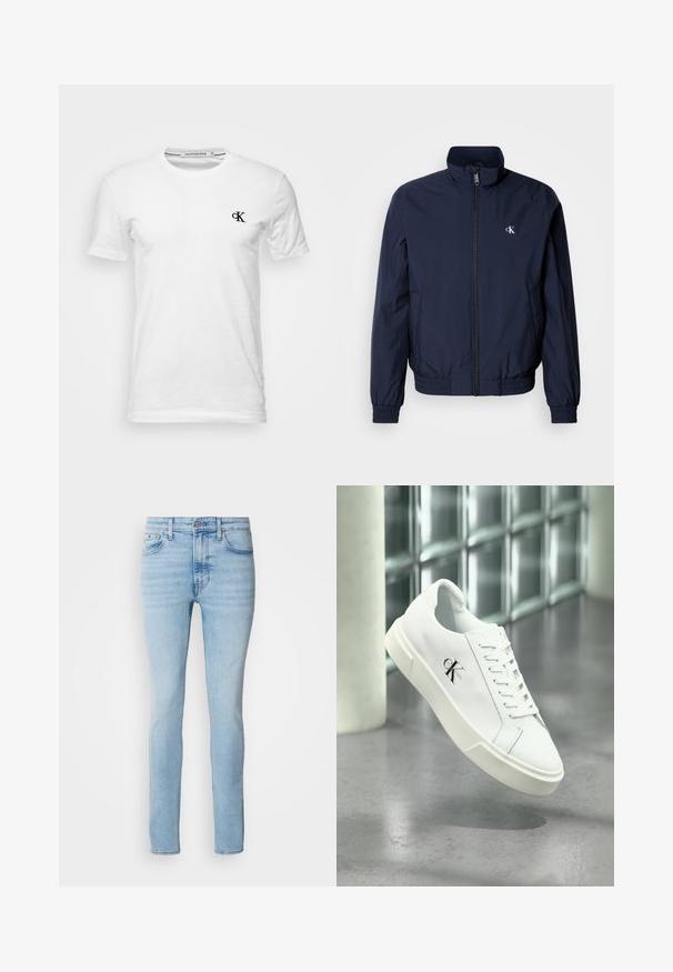 Mørkeblå vindjakke med opretstående krave, elastiske manchetter og linning; har en lille hvid logo på venstre bryst.; Hvid T-shirt med korte ærmer og rund hals med lille sort "CK"-logo på venstre bryst, mærke Calvin Klein Jeans, størrelse medium.; Calvin Klein Jeans Jeans Skinny Fit - arrow stone; Hvid Calvin Klein sneaker med snørebånd, vist svævende over en poleret betongulv og en baggrund af glasblokke.