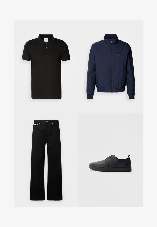 Marineblaue Windjacke mit Stehkragen, elastischen Bündchen und Taillenbund; mit kleinem, weißem Logo auf der linken Brust.; Schwarzes Poloshirt aus glattem Stoff mit klassischem Kragen. Verfügt über zwei Knöpfe am Hals, kurze Ärmel und ein dezentes Logo auf der Brust.; Schwarze Denim-Hose im weiten Bein-Design mit fünf Taschen und metallenen Knopfdetails. Glatte Textur, ohne sichtbare Muster.; Schwarze Leder-Sneaker mit glatter Oberfläche, abgerundeter Zehenpartie, gleichfarbiger Nähte, schnürbarem Vorderteil und flacher Gummisohle. Schlaufe an der Ferse.