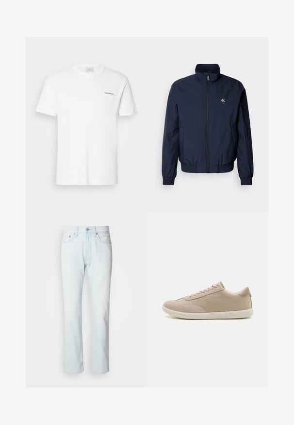 Chaqueta cortaviento azul marino con cuello alto, puños elásticos y cintura elástica; cuenta con un pequeño logo blanco en el pecho izquierdo.; Camiseta de algodón blanca con mangas cortas y un escote en forma de cuello redondo. Presenta un pequeño logotipo negro de "Calvin Klein" en el lado izquierdo del pecho.; Jeans de mezclilla azul claro con corte recto. Cuentan con un cierre de botón y pasadores para cinturón, mostrando una textura desgastada y costuras mínimas.; Zapatilla beige con una mezcla de materiales de ante y lona, que cuenta con cordones, punta redonda, suela texturizada y un sutil logo de la marca en el lateral.