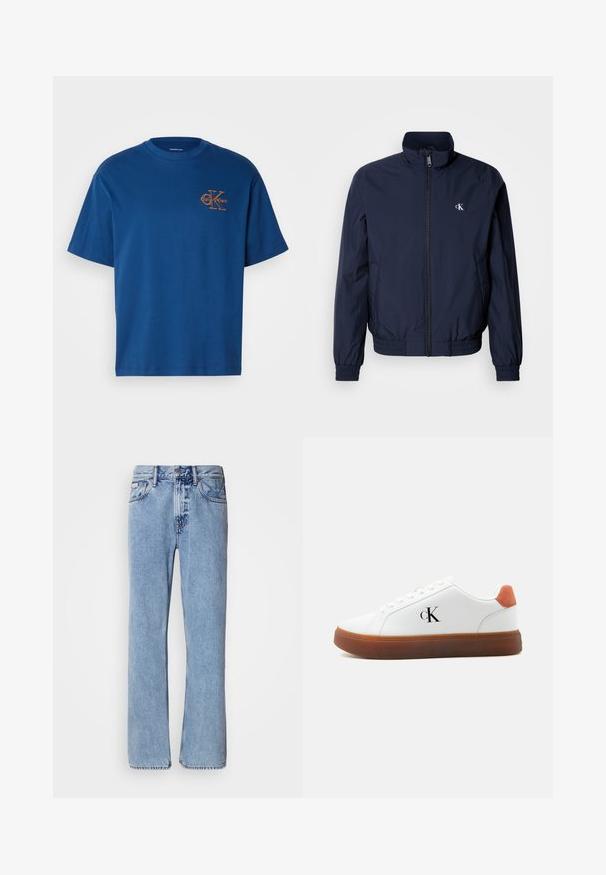 Marineblaue Windjacke mit Stehkragen, elastischen Bündchen und Taillenbund; mit kleinem, weißem Logo auf der linken Brust.; Blaues Baumwoll-T-Shirt mit Rundhalsausschnitt, kurzen Ärmeln und einem orangefarbenen Calvin Klein-Logo auf der linken Brust. Schlichte und klassische Schnittform.; Hellblaue Jeans aus Denim mit geradem Bein, fünf Taschen und Knopfverschluss. Nähte in der Nähe der Taschen und des Bundes.; Weißer Sneaker mit brauner Sohle, orangefarbenem Fersenlasche, Schnürsenkeln und "cK"-Logo an der Seite.