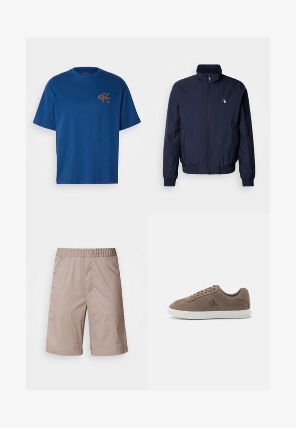 Marineblaue Windjacke mit Stehkragen, elastischen Bündchen und Taillenbund; mit kleinem, weißem Logo auf der linken Brust.; Blaues Baumwoll-T-Shirt mit Rundhalsausschnitt, kurzen Ärmeln und einem orangefarbenen Calvin Klein-Logo auf der linken Brust. Schlichte und klassische Schnittform.; Beige Shorts mit elastischem Bund, glatter Textur, knielangem Schnitt und ohne sichtbare Muster oder Hardwaredetails.; Taupefarbener Wildleder-Low-Top-Sneaker mit beigen Schnürsenkeln, weißer Gummisohle und dezentem "cK"-Logo an der Seite.