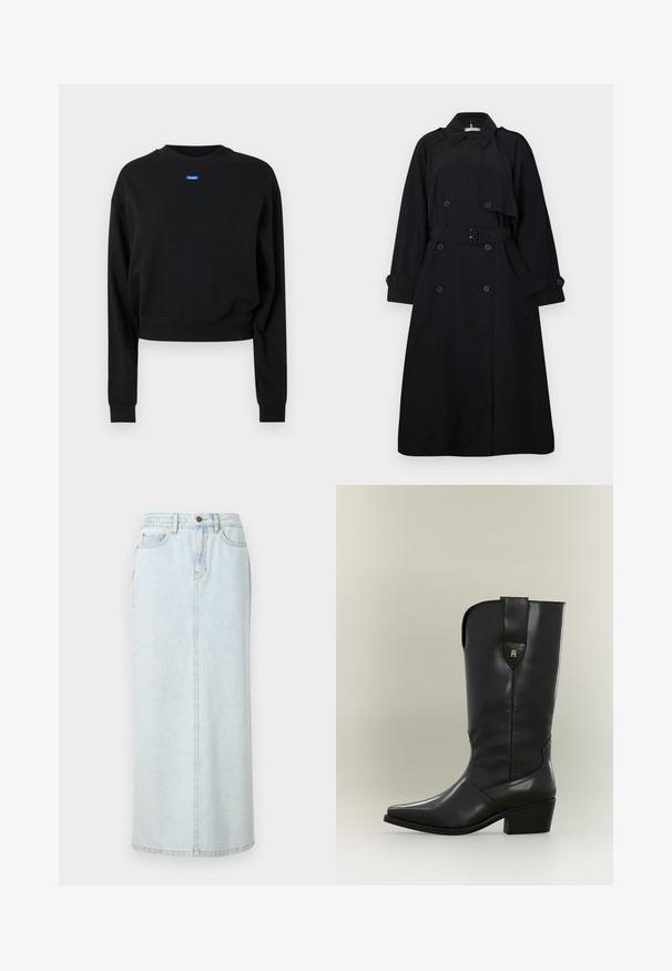 Sort trenchcoat lavet af glat stof, med dobbeltradet design, bælte i taljen og lange ærmer med knapdetaljer.; Sort cropped sweatshirt med lange ærmer og ribbede manchetter; har et blåt rektangulært logo mærke på forsiden nær halsudskæringen.; Lyseblå denim maxi-nederdel med lige design, frontknaplukning og synlige syninger. Har to frontlommer.; Høj sort læder cowboystøvle med spids tå, kraftig hæl og trækstrop med lille gyldent logo.