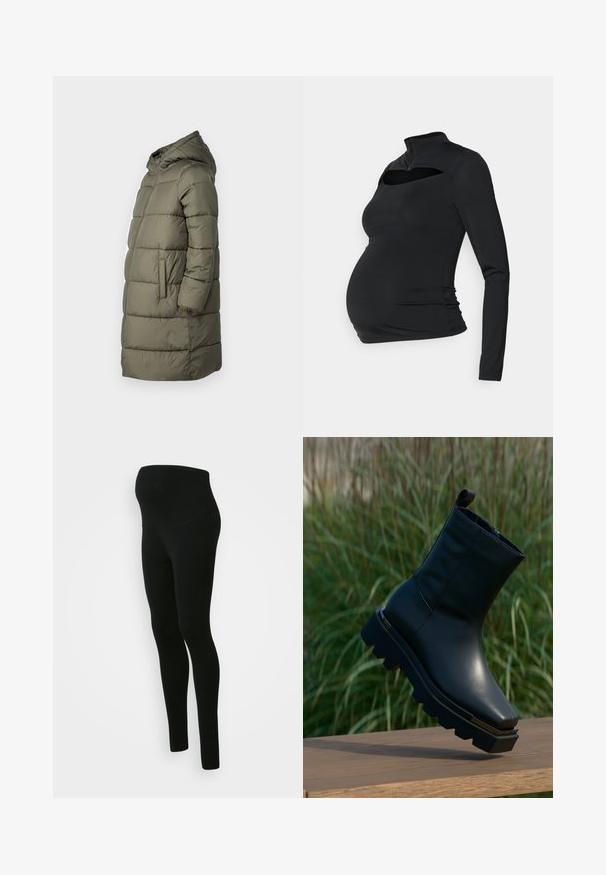 Manteau matelassé pour femmes en vert olive. Doté d'une capuche, d'une fermeture éclair sur toute la longueur, de deux poches latérales et d'un design matelassé avec des coutures horizontales.; Haut de maternité noir à manches longues avec col zippé et découpe au niveau de la poitrine, confectionné dans un tissu doux et extensible, ajusté à la taille.; Leggings de maternité noirs avec une taille haute et un soutien optimal, texture lisse, design ajusté, sans motifs ni embellissements visibles.; Bottes noires pour cheville en cuir lisse, dotées d'une semelle épaisse, d'un bout pointu et d'un accent doré sur le talon. Design simple avec des coutures minimales.