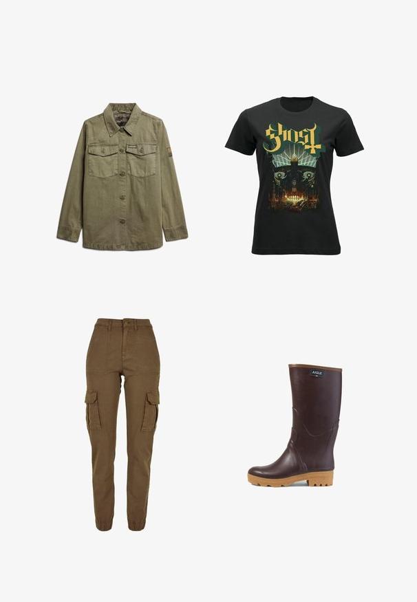 Olivengrøn, langærmet jakke lavet af blødt stof. Den har to forlommer, lukning med knapper og branding på brystet og ærmet.; rockshirts GHOST MELIORA - T-shirts print - black; Brune cargo bukser lavet af bomuld med en tapered fit, der har sidelommer, knaplukning og samlede manchetter for ekstra komfort.; Mørkebrun gummistøvle til midt på skinnebenet med lysebrun sål, tekstureret slidbane og "AIGLE" logo-patch nær toppen.