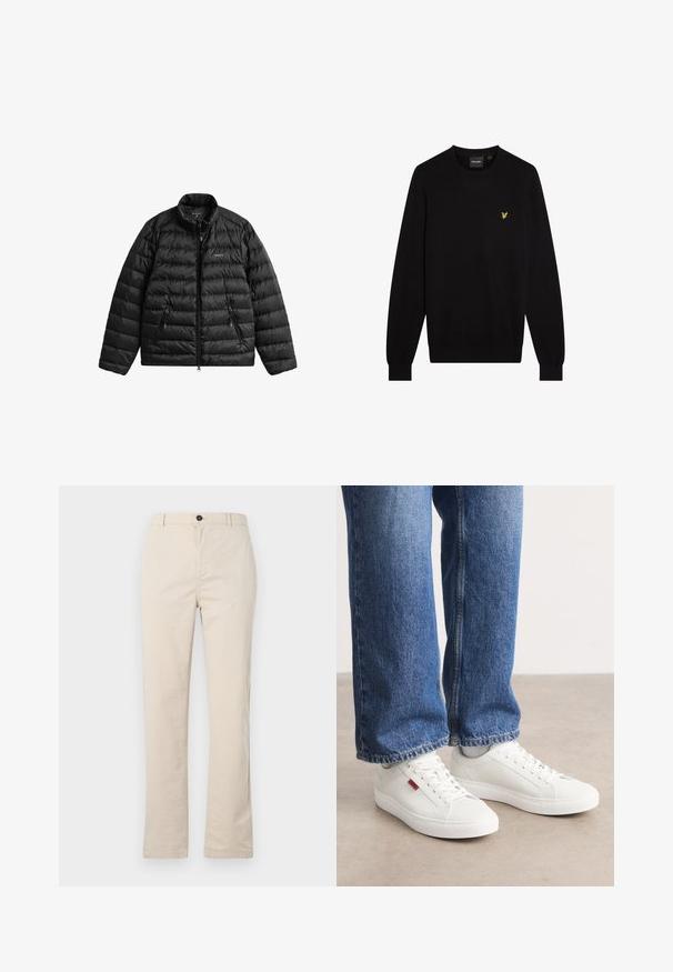 Sort dunjakke med lynlåslukning foran, høj krave og vandret quiltet design. Har to lynlåslommer og et logo på brystet.; Sort sweater lavet af blødt stof med rund halsudskæring og lange ærmer. Lille gul broderet logo på venstre bryst.; Lyse beige bomuldsbukser med lige ben-design, der har en frontknaplukning, lynlåslukning og minimale syninger.; Hvide sneakers med en glat overflade, rund tå og flad sål. Accompaneret af blå denim jeans med en lige pasform og synlige sømme.