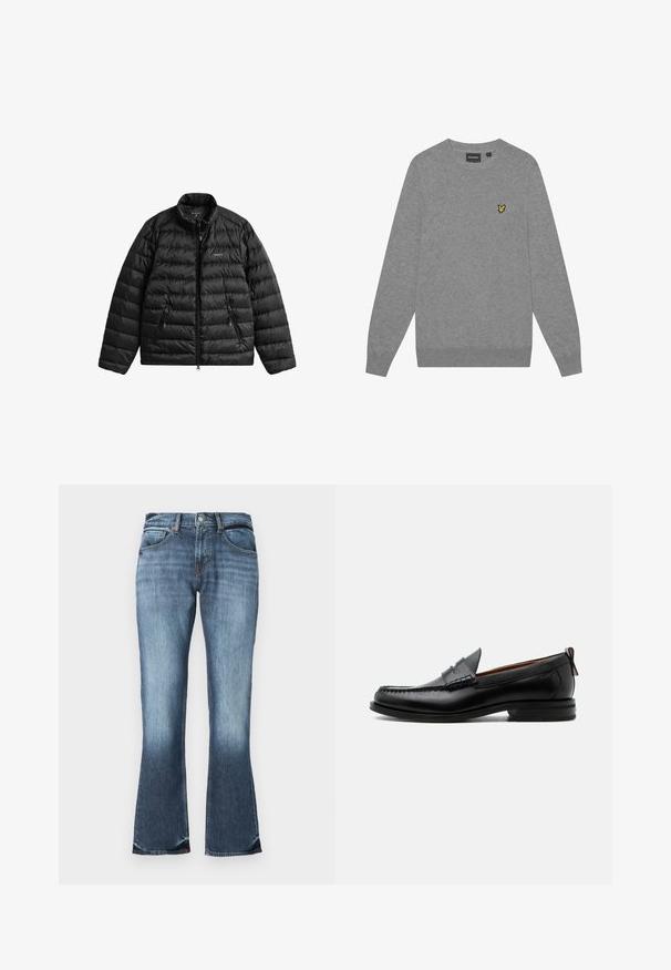 Schwarze Steppjacke mit durchgehendem Reißverschluss, hohem Kragen und horizontalem Steppmuster. Verfügt über zwei mit Reißverschluss versehene Taschen und ein Logo auf der Brust.; Grauer Pullover mit langen Ärmeln, Rundhalsausschnitt und gerippten Bündchen. Verfügt über ein kleines gelbes gesticktes Logo auf der linken Brust. Hergestellt aus weichem Stoff.; Blaue Jeans mit Schlag, mittelhoher Taille, fünf Taschen und subtilen Ausbleichungen für einen used Look. Glatte Textur über das gesamte Material.; Schwarzer Leder-Herrenschuh mit Mokassinnaht, Penny-Riemen, strukturiertem Kragen und niedrigem gestapeltem Absatz auf weißem Hintergrund.