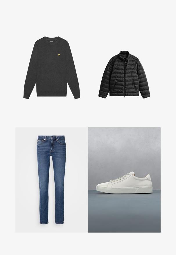Chaqueta acolchada negra con cremallera frontal, cuello alto y diseño acolchado horizontal. Cuenta con dos bolsillos con cremallera y un logo en el pecho.; Suéter de cuello redondo en gris oscuro, hecho de una tela suave. Presenta un pequeño logotipo amarillo bordado en el pecho. Mangas largas con puños acanalados.; Jeans de mezclilla azul con un diseño de pierna recta, que presentan un clásico diseño de cinco bolsillos y acentos de hardware en color cobre en la cintura y los bolsillos.; Zapatilla blanca de cuero con punta redondeada, diseño minimalista, cordones grises y suela de goma texturizada gris. Detalles de costura sutiles visibles.