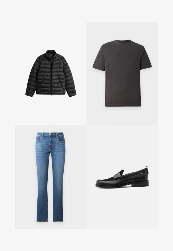 Schwarze Steppjacke mit durchgehendem Reißverschluss, hohem Kragen und horizontalem Steppmuster. Verfügt über zwei mit Reißverschluss versehene Taschen und ein Logo auf der Brust.; Graues, kurzärmliges T-Shirt aus einem weichen, leichten Stoff mit Rundhalsausschnitt und minimalen Nähten. Geeignet für den Freizeitbereich.; Blaue Jeans aus Denim mit geradem Bein, leicht ausgebleicht, fünf Taschen und Metallbeschlägen. Der Bund ist mit Gürtelschlaufen ausgestattet.; Schwarzer Lederloafer mit grauem Riemendetail, niedrigem Absatz und strukturierter Sohle, seitlich mit „HUGO“ in Gold gebrandmarkt.