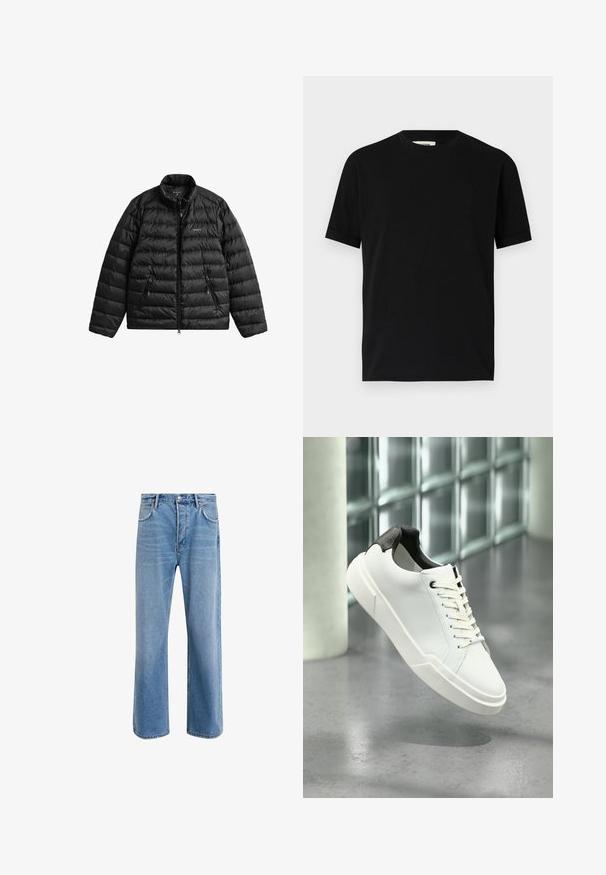 Sort dunjakke med lynlåslukning foran, høj krave og vandret quiltet design. Har to lynlåslommer og et logo på brystet.; Sort kortærmet t-shirt lavet af bomuld med rund halsudskæring og løs pasform. Glat tekstur, ingen mønstre eller synlige logoer.; Lyseblå denim jeans med lige ben-design, fem lommer, knaplukning, minimal falming og kontraststingdetaljer.; Hvid lav tå-sneaker med sort struktureret hælfane, hvide snørebånd og tyk sål på en poleret betongulv nær glasblokke.