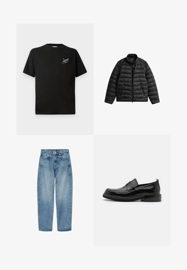 Chaqueta acolchada negra con cremallera frontal, cuello alto y diseño acolchado horizontal. Cuenta con dos bolsillos con cremallera y un logo en el pecho.; Camiseta de algodón negra con mangas cortas, que presenta un logo en blanco "Lacoste" impreso en el lado izquierdo del pecho. Diseño de cuello redondo.; Vaqueros de mezclilla azul claro de pierna recta con bolsillos delanteros, trabillas para cinturón y cierre de botón, mostrados extendidos sobre un fondo blanco.; Calvin Klein MOCCASIN - Mocasines elegantes - black